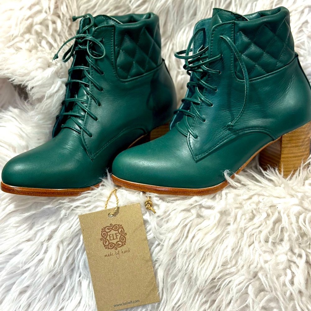 BaliElf Rising Mara Leather Heel Booties, Emerald Color, Size Women’s 7